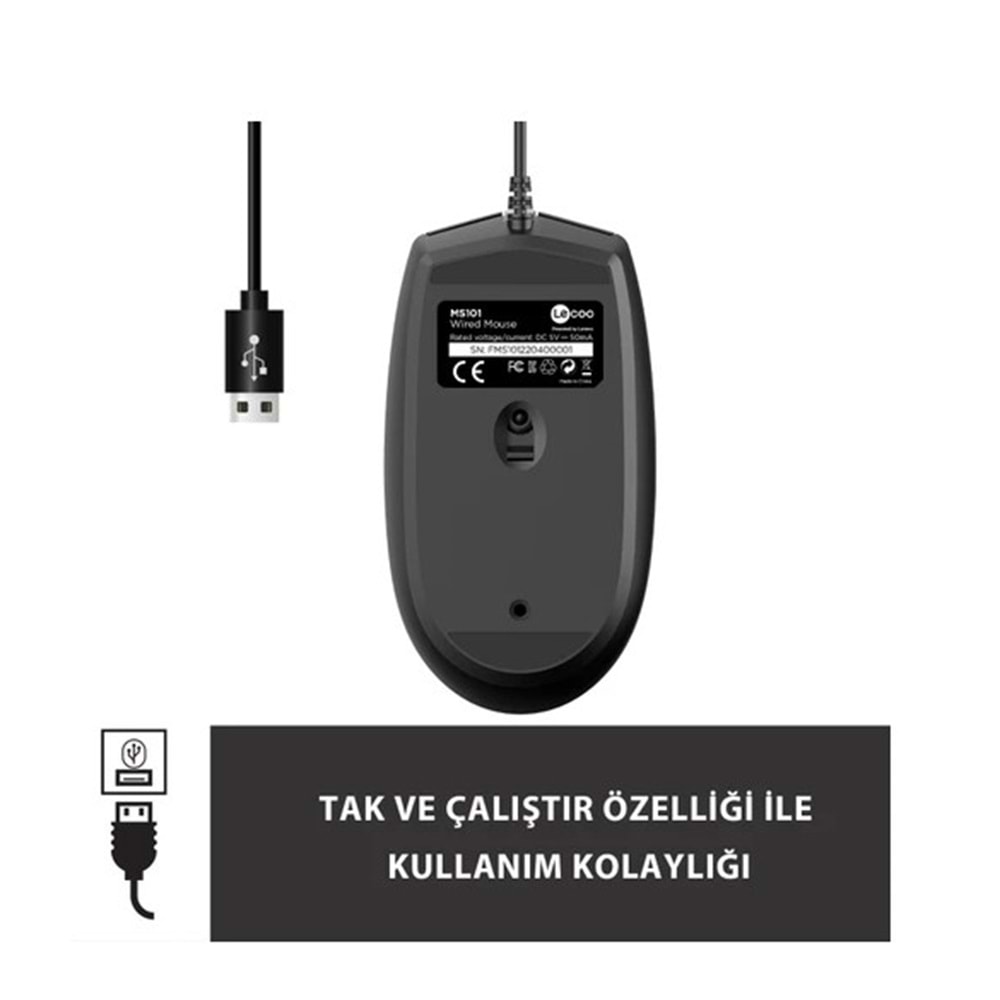 LECOO MS101 KABLOLU MOUSE SİYAH