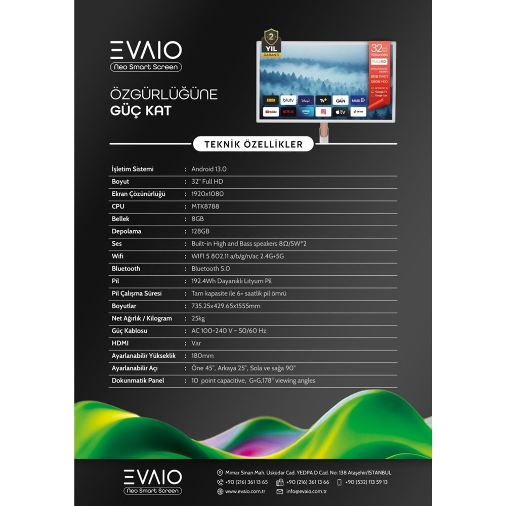 EVAİO NEO HD-320A 32 İNCH ANDROİD TAŞINABİLİR MOBİL EKRAN FULL HD