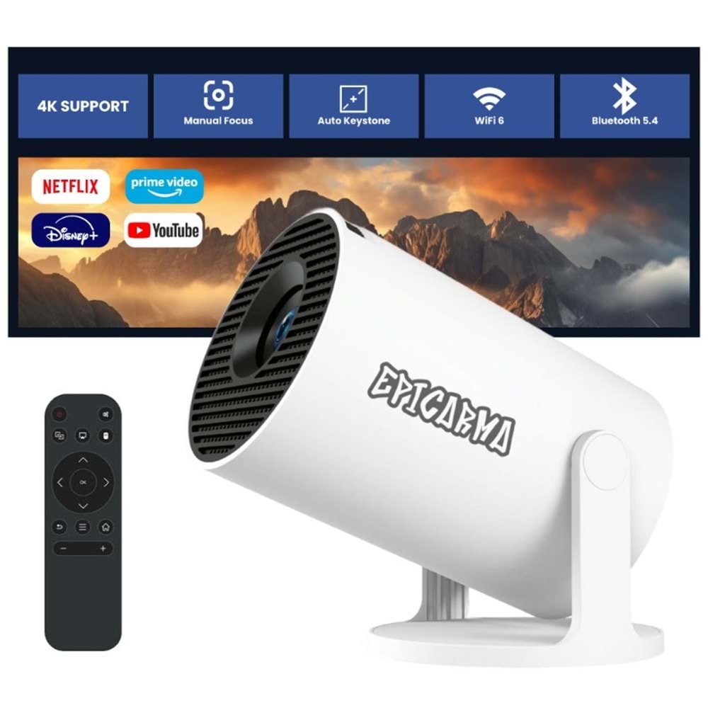 EPICARMA SMART MINI PROJECTOR ANDROID 14 İŞLETİM SİSTEMLİ 4K DESTEKLİ 180° DÖNEBİLEN TAŞINABİLİR SİNEMA PROJEKSİYON CİHAZI
