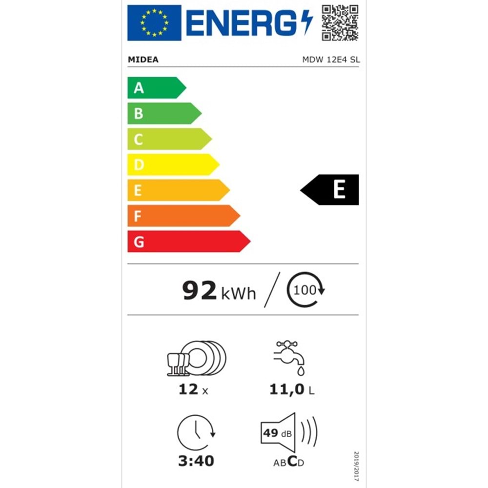MIDEA MDW 12E4 SL 12 KİŞİLİK A+ YARI ANKASTRE BULAŞIK MAKİNESİ