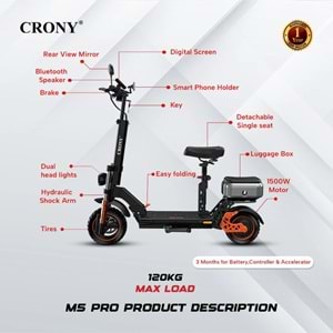 CRONY M5 Pro 1500W Yüksek Hızlı Elektrikli Scooter – Bluetooth Hoparlörlü, Mobil Uygulama Bağlantılı, IPX4 Suya Dayanıklı, 120 kg Taşıma Kapasiteli (Yetişkin & Çocuk)