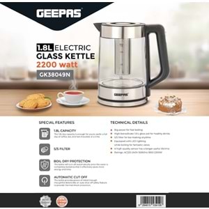 GEEPAS GK38049 1.7L ÇİFT KATMANLI CAM KETTLE - MAVİ LED IŞIKLI VE OTOMATİK KAPANMALI SU ISITICI - 360 DERECE KABLOSUZ TABAN