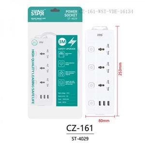 WINNING STAR ST-4029 2000W 3 METRE 3'LÜ EVRENSEL PRİZ 3 USB GİRİŞLİ 4 AYRI ANAHTARLI ÇOKLU UZATMA KABLOSU
