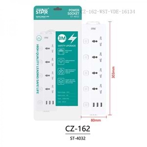 WINNING STAR ST-4032 2000W 3 METRE 4'LÜ EVRENSEL PRİZ 3 USB GİRİŞLİ 5 AYRI ANAHTARLI ÇOKLU UZATMA KABLOSU