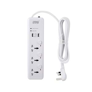 WINNING STAR ST-1003U 2500W 3 METRE 3'LÜ EVRENSEL PRİZ 2 USB GİRİŞLİ 3 AYRI ANAHTARLI UK/BS FİŞLİ ÇOKLU UZATMA KABLOSU