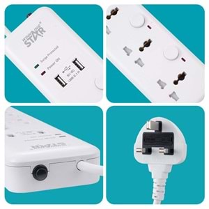 WINNING STAR ST-1003U 2500W 3 METRE 3'LÜ EVRENSEL PRİZ 2 USB GİRİŞLİ 3 AYRI ANAHTARLI UK/BS FİŞLİ ÇOKLU UZATMA KABLOSU