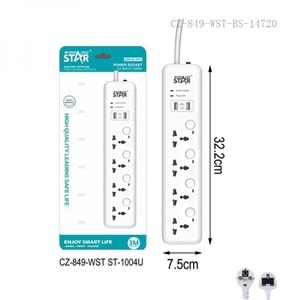 WINNING STAR ST-1004U 2500W 3 METRE 4'LÜ EVRENSEL PRİZ 2 USB GİRİŞLİ 4 AYRI ANAHTARLI UK/BS FİŞLİ ÇOKLU UZATMA KABLOSU