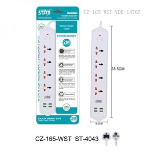 WINNING STAR ST-4043 2500W 4'LÜ EVRENSEL PRİZ 4 USB GİRİŞLİ TEK ANAHTARLI ÇOKLU UZATMA KABLOSU