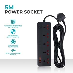 WINNING STAR ST-1203U-5 2500W 5 METRE 5'Lİ EVRENSEL PRİZ 4 USB GİRİŞLİ ÇOKLU UZATMA KABLOSU
