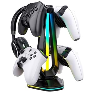 EPICARMA RGB IŞIKLI OYUNCU KULAKLIK STANDI VE KONTROLER TUTUCU - 9 FARKLI IŞIK MODU VE 2 USB ŞARJ PORTLU