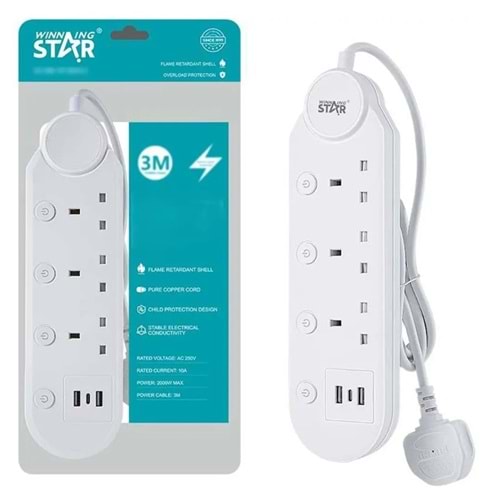 WİNNİNG STAR ST-1201U-3 UZATMA KABLOSU 2XUSB + 3 FİŞLİ