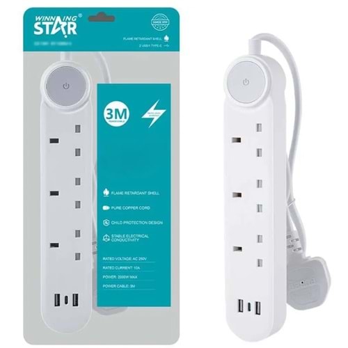 WİNNİNG STAR ST-1200U-3 UZATMA KABLOSU 2xUSB 3 PLUG