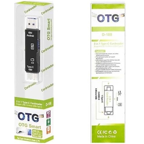 OTG SMART D-188 3 İN 1 KART OKUYUCU USB 2.0 + TYPE-C + MİCRO USB