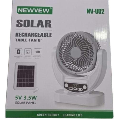 NEWVEW NV-U02 8 İNÇ SOLAR ŞARJ EDİLEBİLİR MASAÜSTÜ VANTİLATÖR