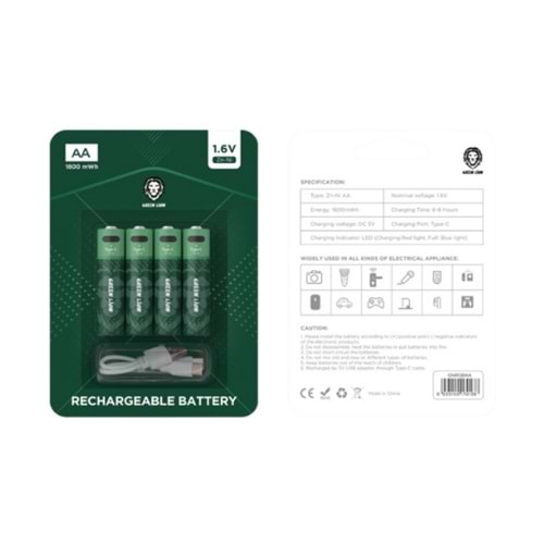 GREEN LION ŞARJ EDİLEBİLİR PİL AA 4'LÜ PAKET YEŞİL - GNRGBAA