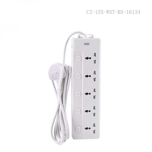 WINNING STAR ST-4035 2000W 3 METRE 5'Lİ EVRENSEL PRİZ 5 AYRI ANAHTARLI UK/BS FİŞLİ ÇOKLU UZATMA KABLOSU