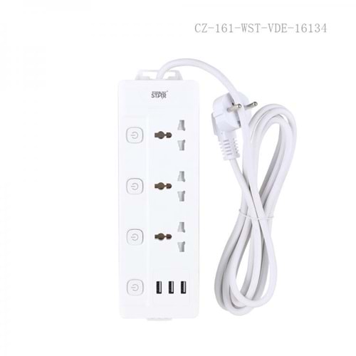 WINNING STAR ST-4029 2000W 3 METRE 3'LÜ EVRENSEL PRİZ 3 USB GİRİŞLİ 4 AYRI ANAHTARLI ÇOKLU UZATMA KABLOSU