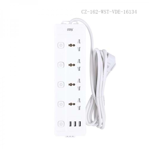 WINNING STAR ST-4032 2000W 3 METRE 4'LÜ EVRENSEL PRİZ 3 USB GİRİŞLİ 5 AYRI ANAHTARLI ÇOKLU UZATMA KABLOSU