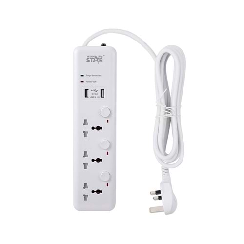 WINNING STAR ST-1003U 2500W 3 METRE 3'LÜ EVRENSEL PRİZ 2 USB GİRİŞLİ 3 AYRI ANAHTARLI UK/BS FİŞLİ ÇOKLU UZATMA KABLOSU