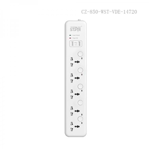 WINNING STAR ST-1005U 2500W 3 METRE 5'Lİ EVRENSEL PRİZ 2 USB GİRİŞLİ 5 AYRI ANAHTARLI UK/BS FİŞLİ ÇOKLU UZATMA KABLOSU