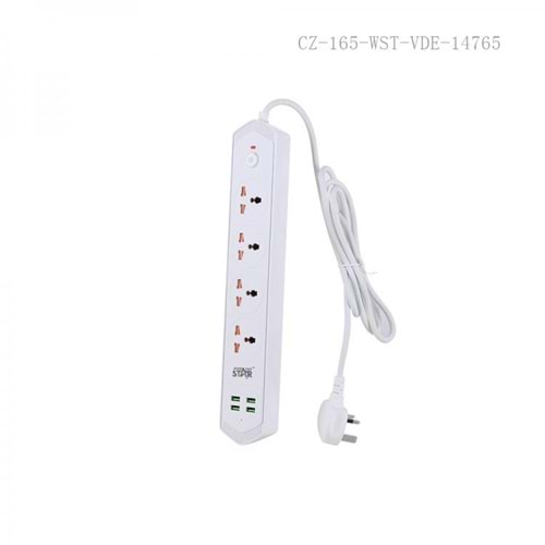 WINNING STAR ST-4043 2500W 4'LÜ EVRENSEL PRİZ 4 USB GİRİŞLİ TEK ANAHTARLI ÇOKLU UZATMA KABLOSU