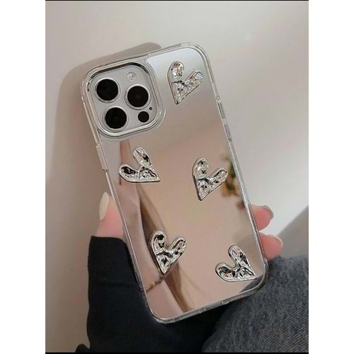 SİLVER AYNALI ASİMETRİK KALP DİZAYN IPHONE 15 PROMAX KILIF