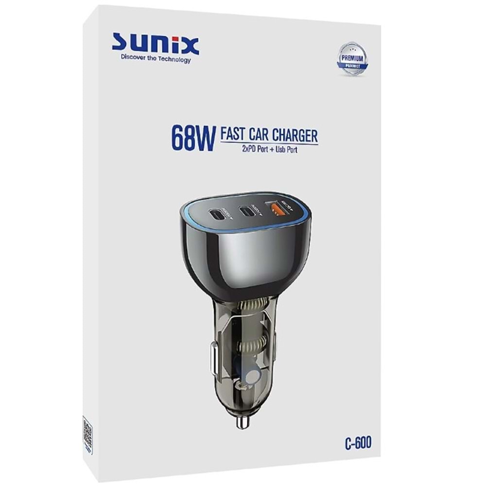 SUNİX C-600 ARAÇ ŞARJER 68W 2X TYPE-C + USB PORT