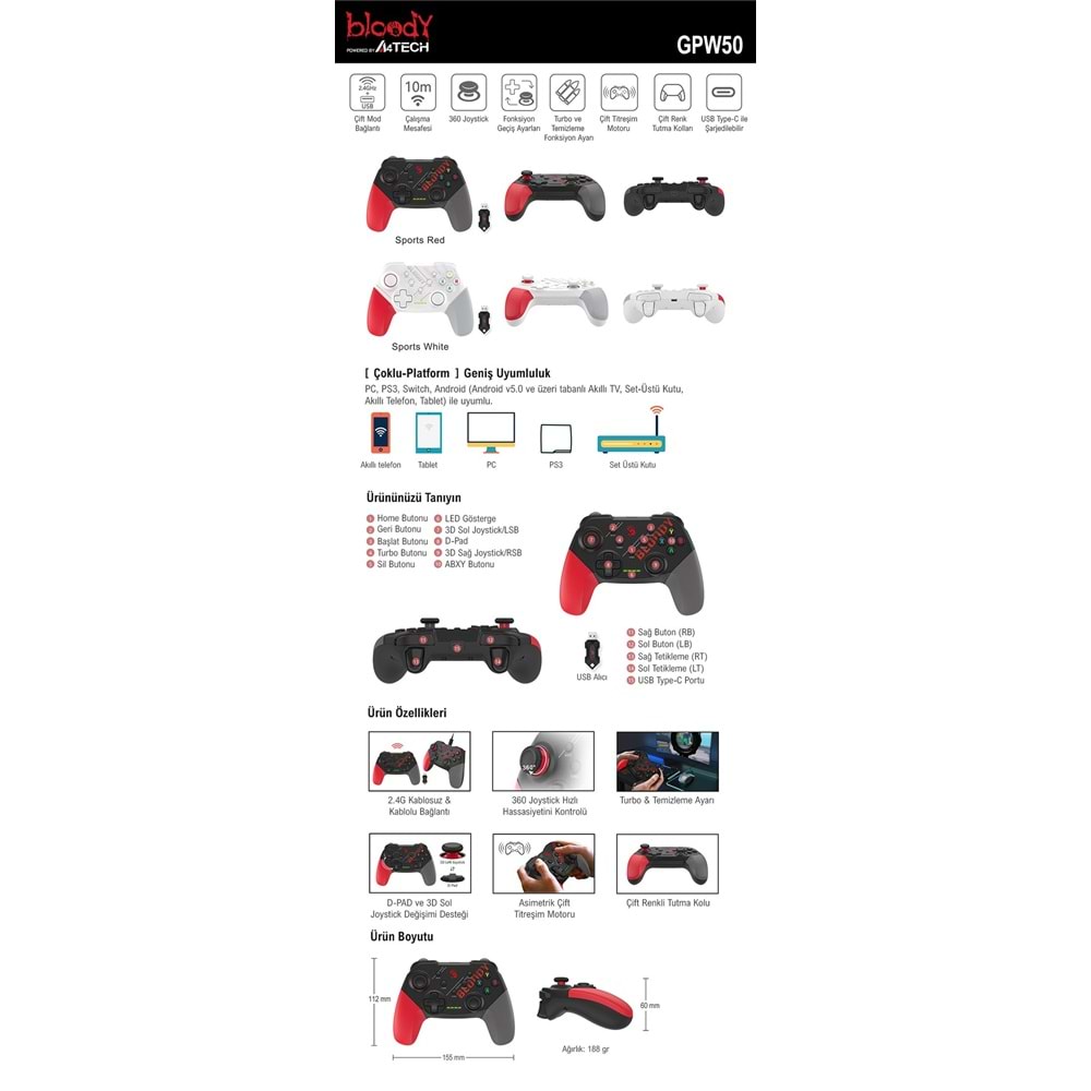 BLOODY GPW50 KABLOSUZ OYUN KOLU SİYAH