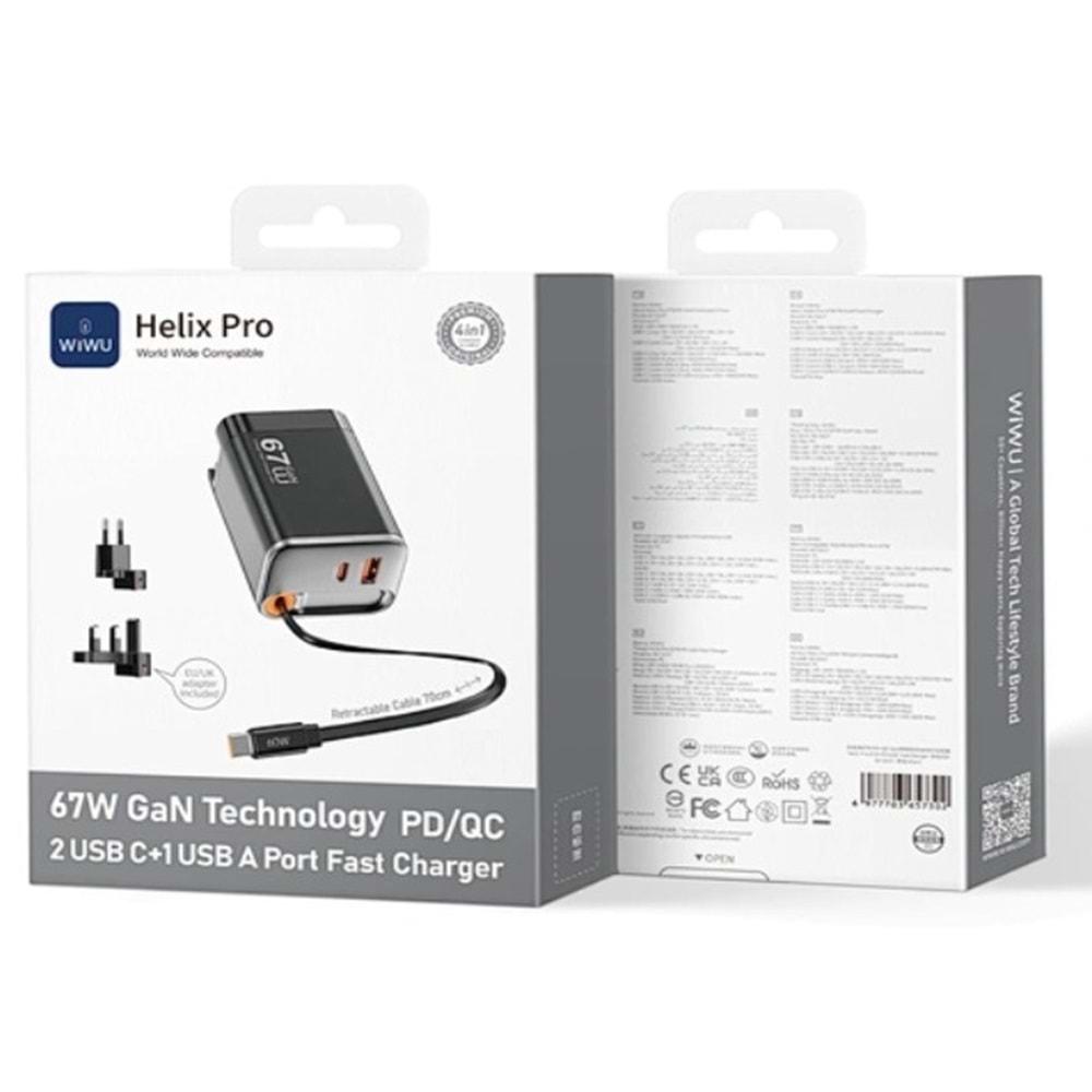 G027 WİWU HELİX PRO 67W GAN HIZLI ŞARJ PD/QC 2USB C+1 USB A