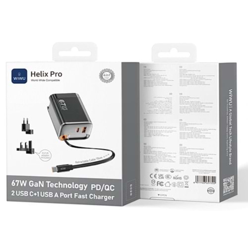 G027 WİWU HELİX PRO 67W GAN HIZLI ŞARJ PD/QC 2USB C+1 USB A