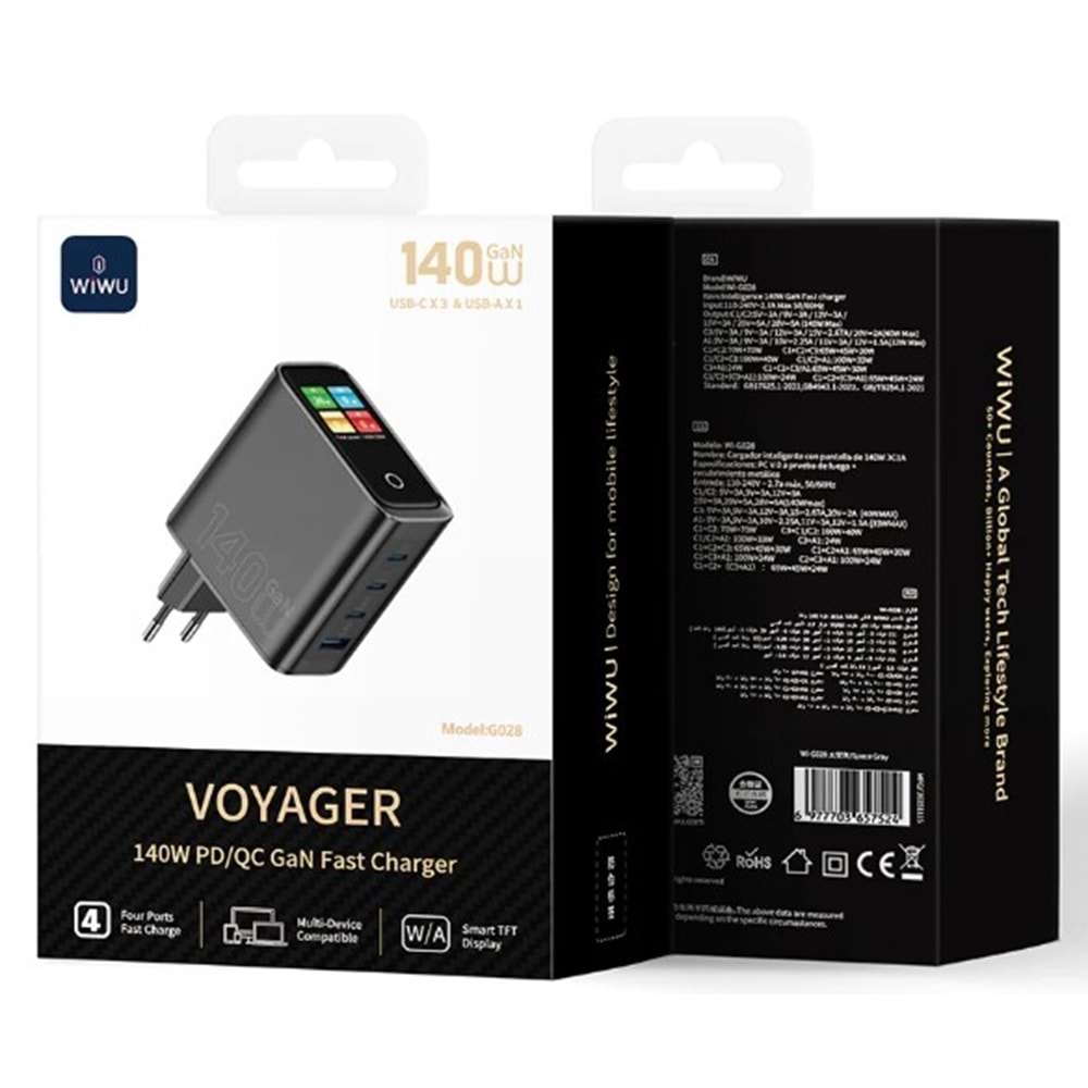 G028 WİWU 140W AKILLI EKRANLI GAN ŞARJ CİHAZI 3C 1A