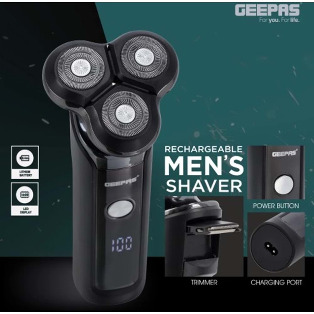 GEEPAS GSR57501 ŞARJLI ERKEK TIRAŞ MAKİNESİ - DÖNER BAŞLIKLI ISLAK KURU KULLANIM - LED EKRANLI VE USB ŞARJLI - GRİ