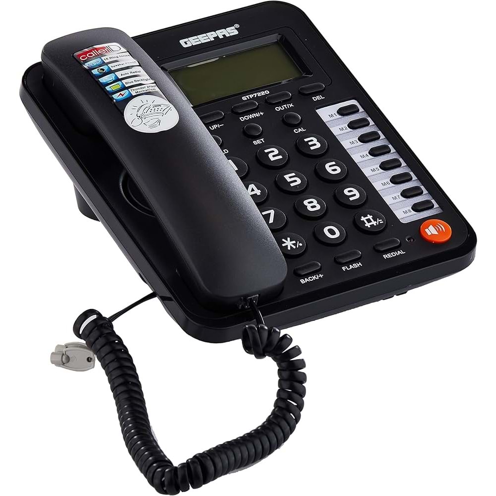GEEPAS GTP7220 LCD EKRANLI MASAÜSTÜ TELEFON - ARAYAN NUMARA GÖSTERGELİ VE ELLER SERBEST FONKSİYONLU - SİYAH