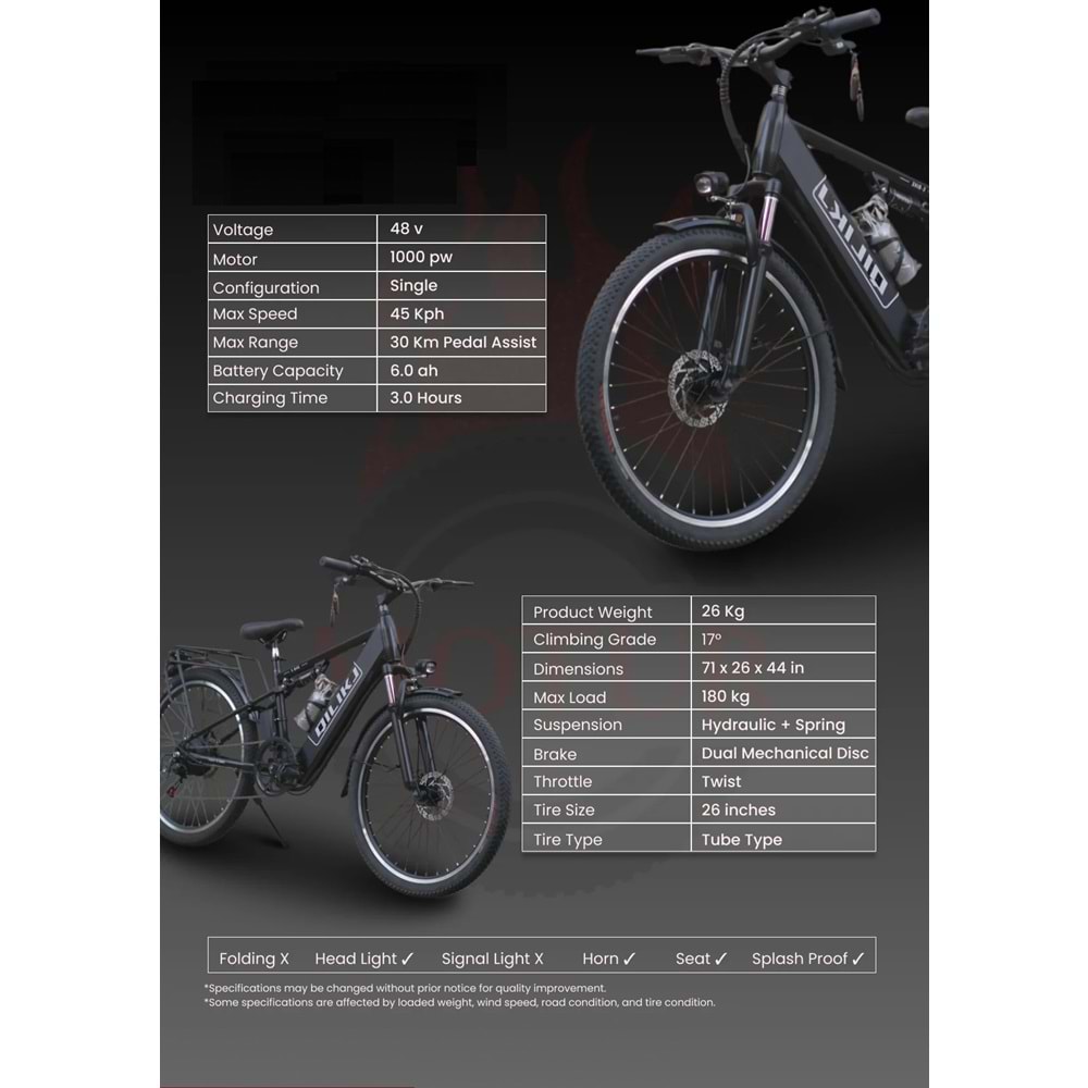QILIKJ ELEKTRİKLİ BİSİKLET - SİYAH - YÜKSEK MENZİLLİ ŞEHİR VE ARAZİ TİPİ E-BIKE