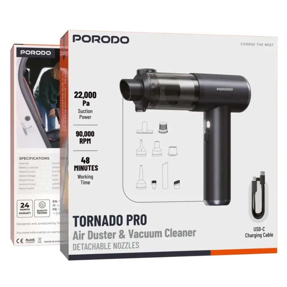 PORODO TORNADO PRO 140W ŞARJLI SÜPÜRGE VE HAVA ÜFLEYİCİ KOYU GRİ - PDM8DGY