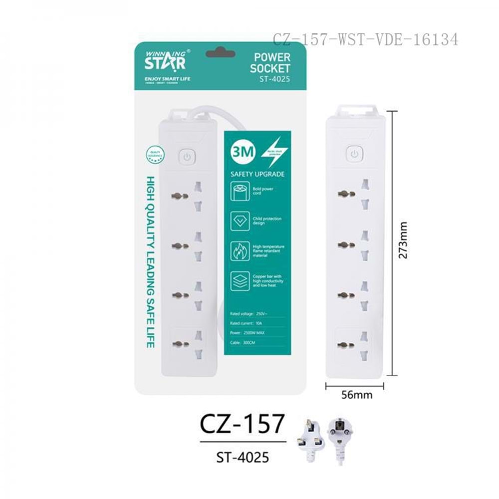 WINNING STAR ST-4025 2000W 3 METRE 4'LÜ EVRENSEL PRİZ TEK ANAHTARLI ÇOKLU UZATMA KABLOSU