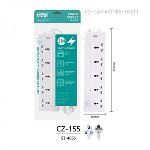 WINNING STAR ST-4035 2000W 3 METRE 5'Lİ EVRENSEL PRİZ 5 AYRI ANAHTARLI UK/BS FİŞLİ ÇOKLU UZATMA KABLOSU