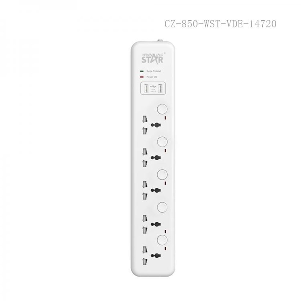 WINNING STAR ST-1005U 2500W 3 METRE 5'Lİ EVRENSEL PRİZ 2 USB GİRİŞLİ 5 AYRI ANAHTARLI UK/BS FİŞLİ ÇOKLU UZATMA KABLOSU