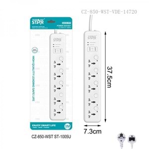 WINNING STAR ST-1005U 2500W 3 METRE 5'Lİ EVRENSEL PRİZ 2 USB GİRİŞLİ 5 AYRI ANAHTARLI UK/BS FİŞLİ ÇOKLU UZATMA KABLOSU