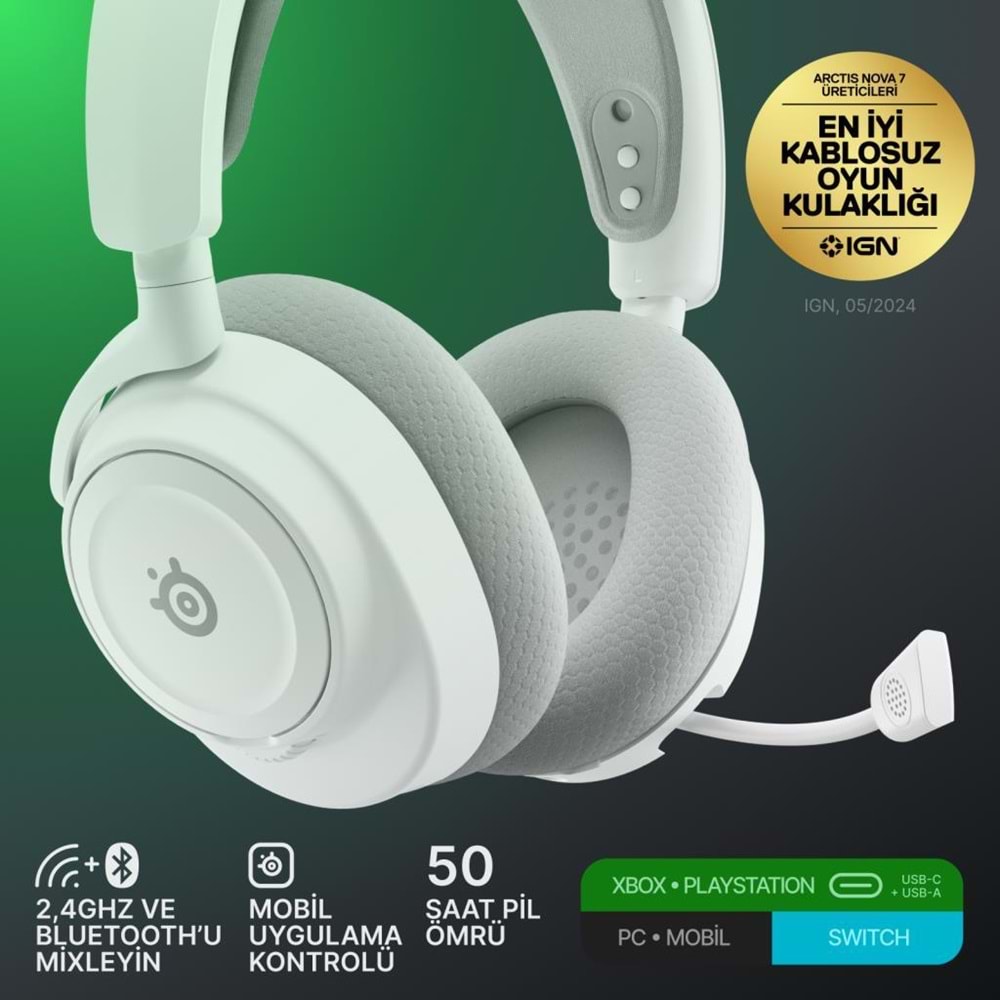 STEELSERIES ARCTIS NOVA 7X GEN 2 ÇOKLU PLATFORM KABLOSUZ GAMING OYUNCU KULAKLIĞI - BEYAZ